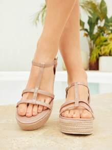 Styleloop Canvas Wedge Lace-Up Sandals, Minimalist Fashion Casual Daily Wear Spring Shoes Spring Break Easter - Apricot - View 3