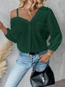 SHEIN Essnce Damen Frühling/Herbst einfarbige Bluse mit asymmetrischem Kragen, weite Passform mit tiefen Schultern, lässiger Lässig-Stil, Frühling und Sommer neue Mode Straßenmode Lässig asymmetrische Schulterbluse