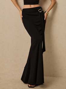 Poéselle 女士优雅金属装饰低腰美人鱼长裙，复古风，女士度假装，春假装 - 黑色 - 查看 3