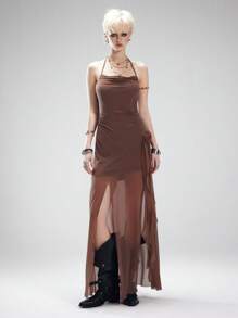 SHEIN EZwear 女士春夏约会之夜性感复古高开叉网眼连衣裙，带花朵装饰 - 棕色 - 查看 3