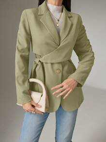 Heiryn Women Solid Color Lapel Long Sleeve Side Knot Blazer Back To School In Fall/Winter - Olive Green - View 4
