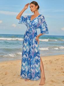 Swim Vcay Women's V-Neck Waist Cinched Long Beach Dress With Spring Break Print, Elegant Cover-Up For Holiday, Summer Vacation - Blue - View 6