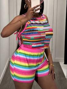 Slaydiva Plus Size Casual Street Style Dzianinowy Pasiasty Nadrukowany Top Bez Rękawów Z Bocznymi Wiązaniami I Dopasowanymi Szorty Damskie Zestaw 2 Sztuk