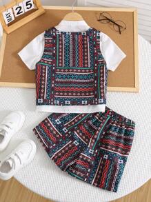 3 Stück/Set Retro Patchwork Geometrischer Muster Outfit für Kleine Jungen - Kurzarm Hemd, Weste und Shorts Set, geeignet für Kostüme von Jungen/Mädchen, Schulanfang, Geburtstag, Veranstaltung, Aufführung, Hochzeit, Frühlings-/Sommermode - Schwarz - Übersicht 2