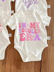 SHEIN 4pcs/Set Newborn Baby Girls' Casual Solid Pink & Purple Short Sleeve Bodysuits, Suitable For Summer - White - View 5