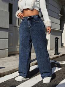 SHEIN ICON 大码前扣口袋蝴蝶刺绣简约休闲牛仔裤 - 霧霾藍 - 查看 4