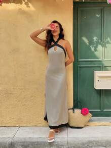 SHEIN Unity Women's Minimalist Vacation Halter Neck Color Block Split Dress - Apricot - View 3