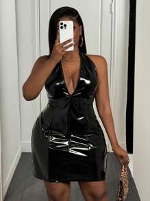 Slaydiva Plus Size Women Street Style Mini Pleated Leather Skirt - Black - View 8