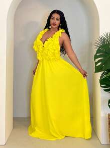 Slaydiva 2025 New Collection Women Rave/Easter/Old Money Style/Country Concert/Going Out/Fairycore/Festival/Tropical Vacation Outfits, All-Match Casual Sleeveless Backless Cinched Waist Frill Trim Dress, Versatile Summer Dress - Yellow - View 7