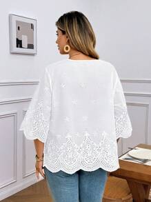 SHEIN LUNE Plus Size Vacation Casual Solid Color Hollow Embroidered Blouse Summer Outfits For Women&Vacation Outfits Woman&Wedding Season Summer Tops  Summer New Design Beach Outfits For Woman - White - View 2