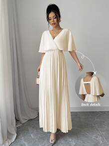 Elenzga Elegant Butterfly Sleeve V-Neck Hollow Back A-Line Long Dress, Suitable For Party, New Year, Valentine's Day