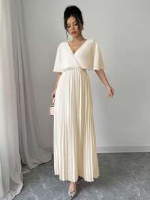 Elenzga Elegant Butterfly Sleeve V-Neck Hollow Back A-Line Long Dress, Suitable For Party, New Year, Valentine's Day