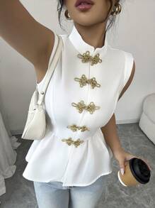 Chiquease Elegant Chinese Style Buttoned Gold Buttons Ruffle Trim Sleeveless Shirt - White - View 6