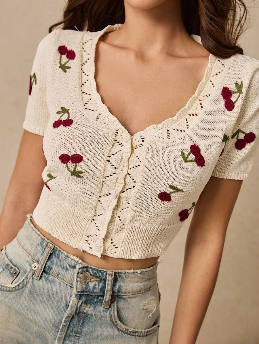 Poéselle Áo cardigan ngắn nữ dệt kim họa tiết anh đào, cổ chữ V rỗng, tay ngắn, phong cách dễ thương, năng động, trẻ trung cho mùa xuân, áo dệt kim họa tiết anh đào - trắng - Xem 1