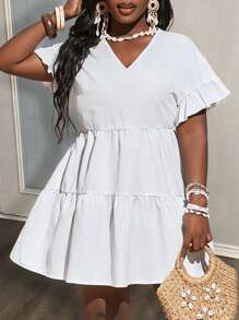 Slaydiva 2025夏季新款白色V领A字荷叶边迷你连衣裙，休闲度假风，适合海滩、度假约会、日常街头派对-A - 白色 - 查看 6