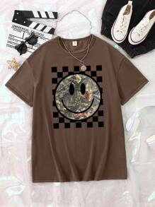 SHEIN 少女休闲时尚棋盘和花朵僵尸脸图案印花 T 恤短袖圆领 T 恤，兄弟姐妹/配套（单独出售）