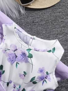 SHEIN 2pcs/Set Young Girl Floral Chinaware Print Dress & Ruffle Trim Cardigan Set,Holiday,Summer,Travel - Mauve Purple - View 8