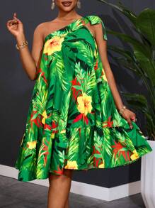 Slaydiva Plus Size New 2025 Casual Olive Flower Print Faux-One Shoulder Ruffle Hem A-Line Summer Dress, Vacation Casual Spring/Summer - Multicolor - View 6