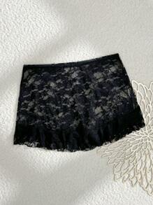 Swim Mod Vestido envolvente de playa con ribete de encaje negro, falda con cintura elástica como cubierta de traje de baño para mujer