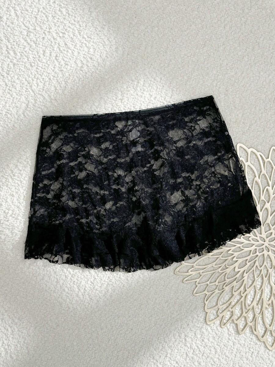 Swim Mod Springbreak 黑色蕾丝边裹身沙滩裙，松紧腰裙，适合女式泳衣罩衫 - 黑色 - 查看 1