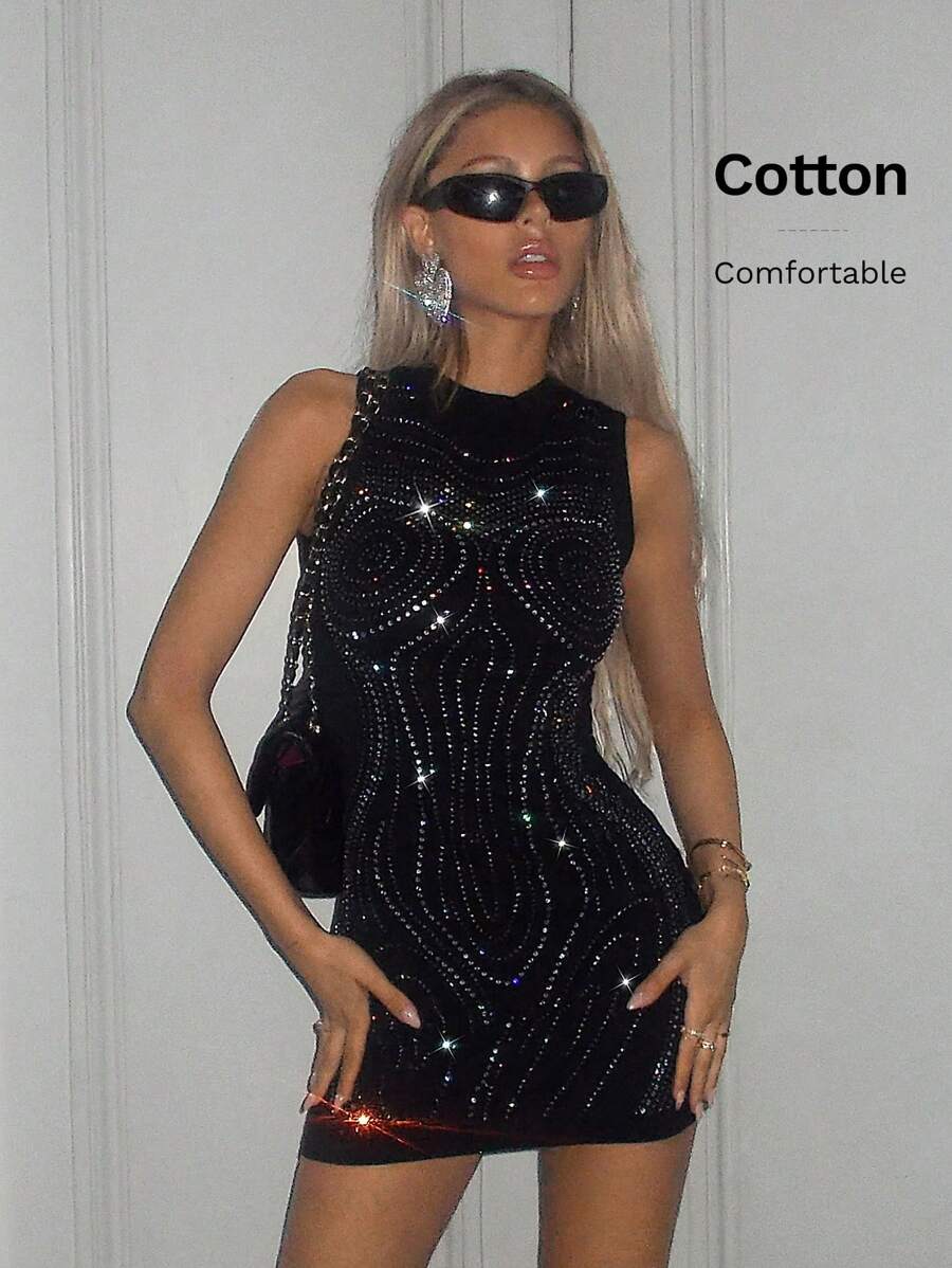 SHEIN ICON Rhinestone Detail Sequin Bodycon Black Dress - Black and White - View 1