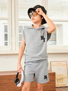 SHEIN Tween Boy Sleeveless Hooded Letter Print Tank Top And Sports Shorts Set - Grey - View 3