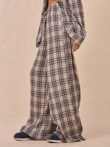 MUSERA 中腰松紧腰宽松格纹阔腿裤，90年代风格套装下装，时尚优雅 - 彩色 - 查看 2