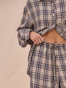 MUSERA 中腰松紧腰宽松格纹阔腿裤，90年代风格套装下装，时尚优雅 - 彩色 - 查看 4