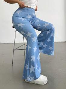 Flirla Plus Size Front Button Pocket Five-Pointed Star Print Simple Casual Pants, Everyday Wear - Multicolor - View 4