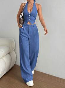 Flirla Petite 2 件套：领带背心和直腿休闲裤 - 淺藍色 - 查看 3