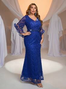 Glamrae Plus Size Lotus Pink Beaded & Rhinestone Adorned Ruffled Sleeve Lace Mermaid Formal Gown, Elegant Evening Dress For Gala - Royal Blue - View 5