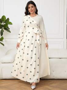 Veilorie Plus Size Elegant Print Patchwork Tie-Up Wrap Dress - Apricot - View 2