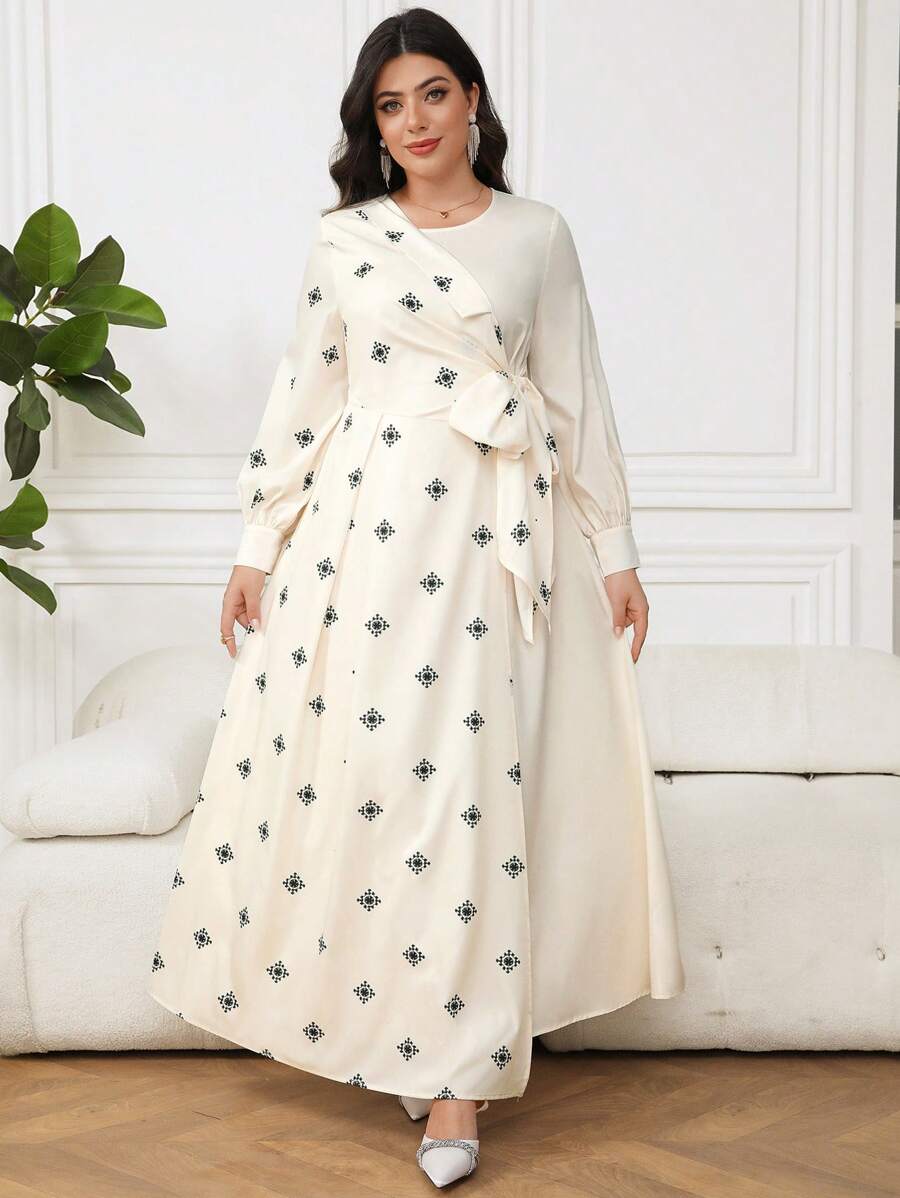 Veilorie Plus Size Elegant Print Patchwork Tie-Up Wrap Dress - Apricot - View 1
