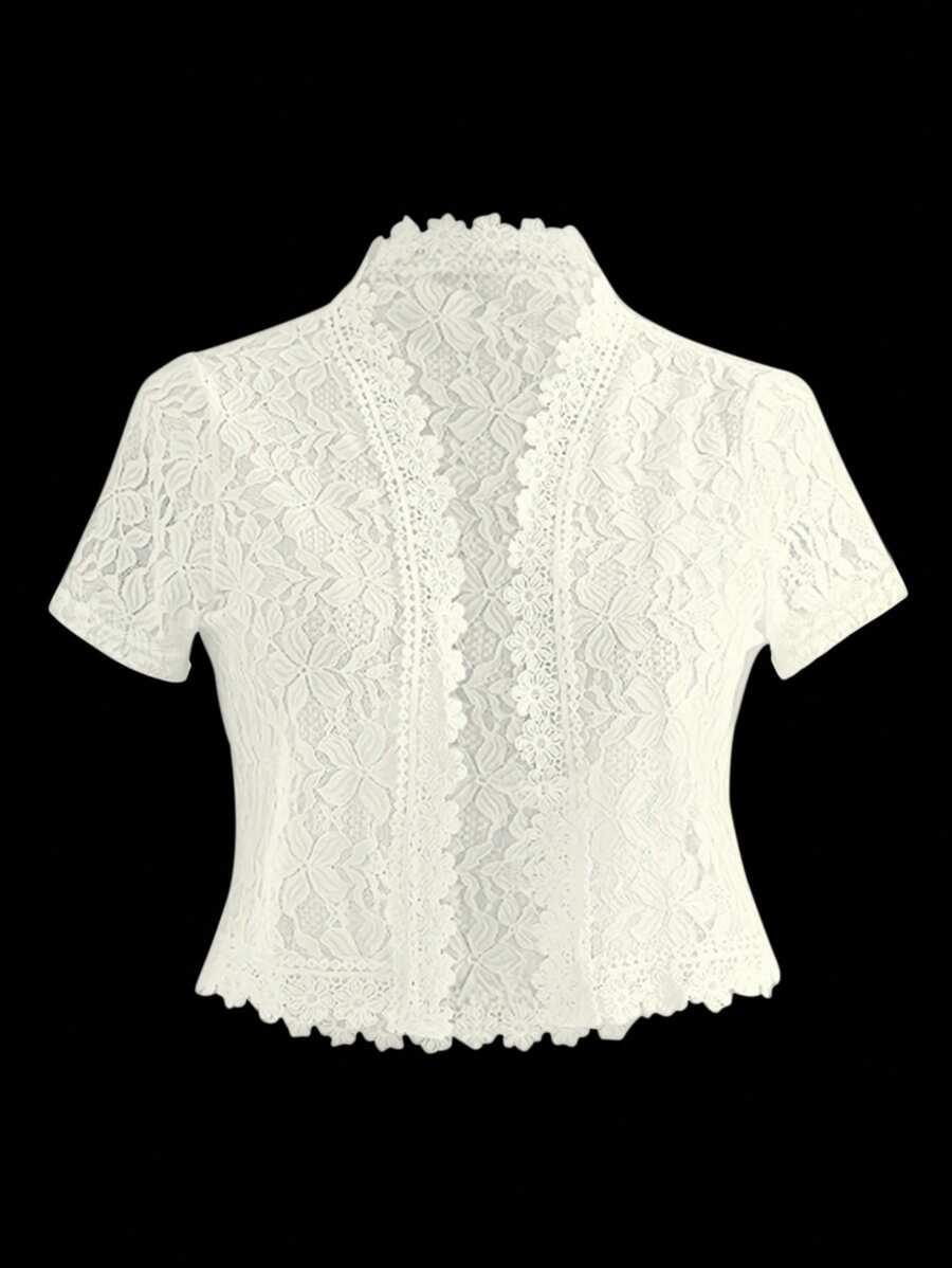 SHEIN Clasi Ladies' Summer Solid Color Lace Patchwork Casual Open Front Jacket For Holiday Party Clothes - Apricot - View 1