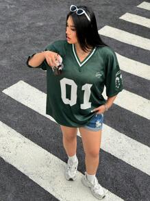 Muchica 大码绿色字母印花宽松半透明落肩 T 恤 - 綠色 - 查看 3