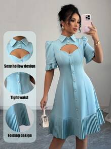 Elenzga Short Dress With Shirt Collar, Single Breasted, Ruched Hem - Green - View 1