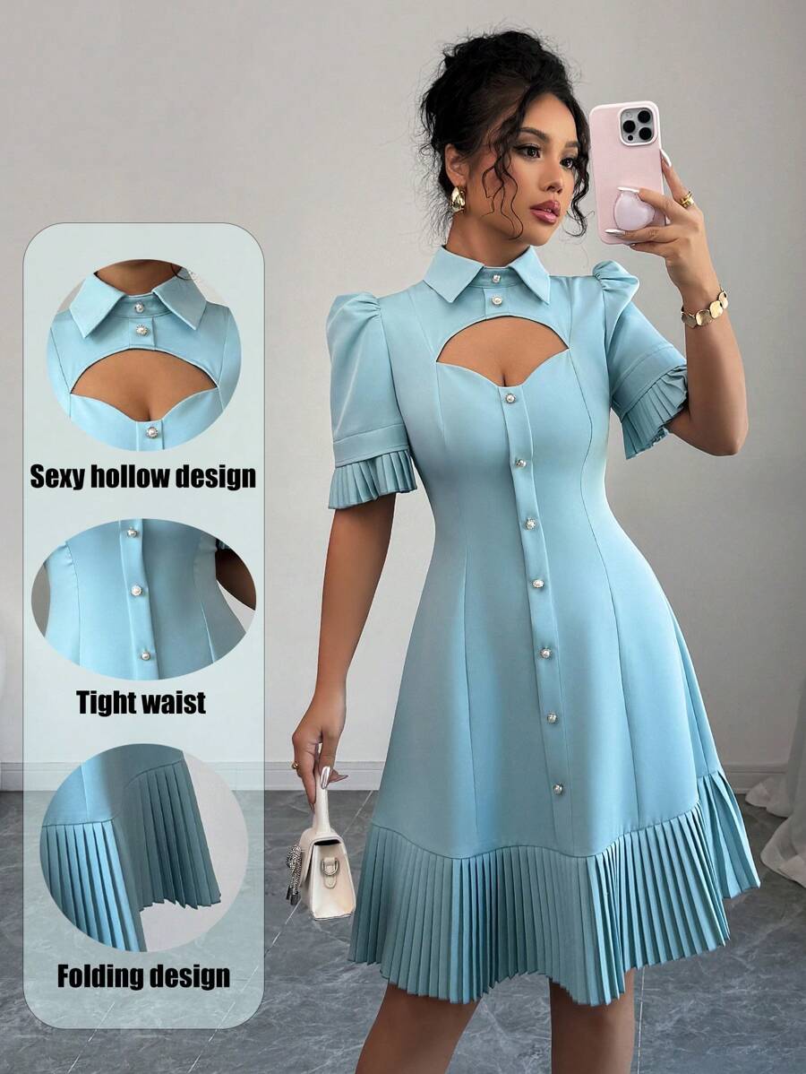 Elenzga Short Dress With Shirt Collar, Single Breasted, Ruched Hem - Green - View 1