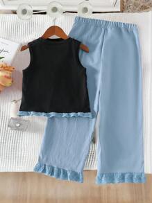 少女甜美淑女圆领无袖3D蝴蝶结刺绣荷叶边上衣搭配松紧腰阔腿撞色荷叶边短裤夏季套装 - 霧霾藍 - 查看 2
