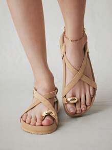 Solecia Women Brown Toe Ring Casual Lace-Up Comfortable Flat Sandals, Suitable For Spring/Summer Vacation Spring Break Easter