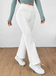 SHEIN PETITE 女款天鹅绒加厚纯色长裤 - 白色 - 查看 3