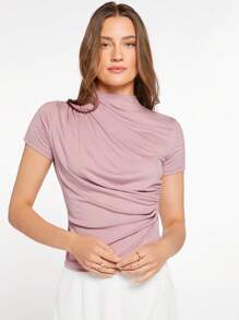 BizChic Women's Slim Fit Casual Solid Color Stand Collar Ruched Short Sleeve T-Shirt, Elegant Office Wear - Dusty Pink - View 9