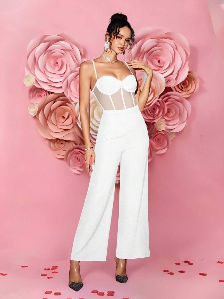 Heroine 设计师款女士白色透明网眼串珠吊带优雅派对连体裤 - 白色 - 查看 1