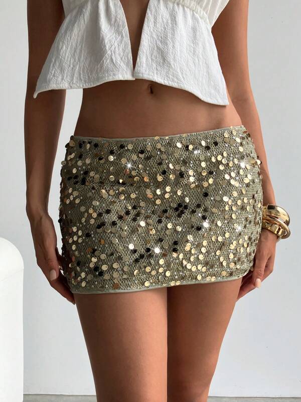 Aloruh Women's Glitter Sequin Mini Tight Fitting Mesh Low Waist Party Club Skirt