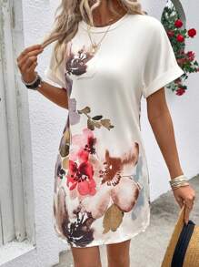 EMERY ROSE 2024年新款杏色墨花印花蝙蝠袖休閒優雅百搭圓領夏季連衣裙