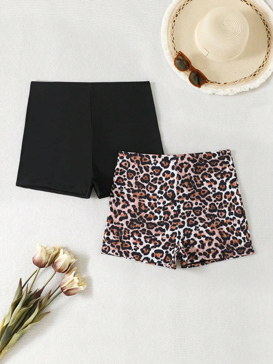 SHEIN Swim Curve 2pcs Plus Size Solid Color & Leopard Print Women Elastic Waist Shorts Sets,Beach Resort Wear For Summer - Multicolor - View 1
