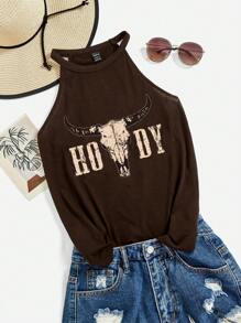 SHEIN Essnce HIDY Women Casual Bull Head Pattern Fitted Tank Top, Suitable For Summer - Brown - View 1