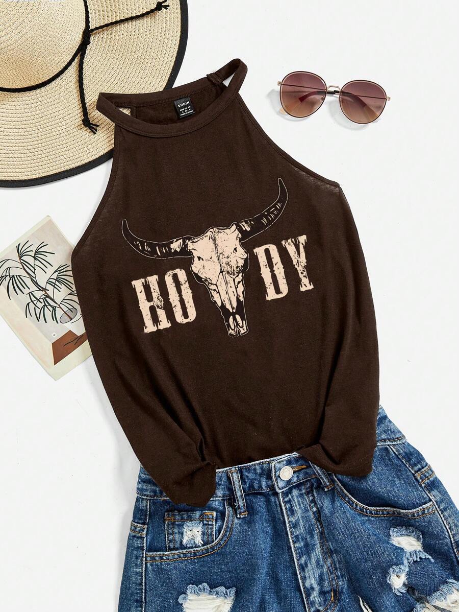 SHEIN Essnce HIDY Women Casual Bull Head Pattern Fitted Tank Top, Suitable For Summer - Brown - View 1