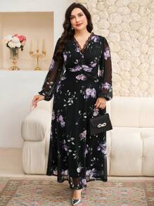 Modelyn Sukienka damska w dużym rozmiarze z nadrukiem kwiatowym, kontrastową koronką i rękawami w kształcie latarni, elegancka abaja - Czarne - Zobacz 6