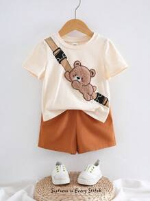 Cozy Pixies 2pcs/Set Baby Boy Cartoon Bear Print Soft Knit Pullover Crew Neck Short Sleeve Top And Elastic Waist Ankle-Length Pants - Khaki - View 1