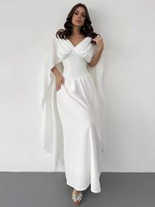 Firerie 女士优雅简约浪漫迷人 V 领宽松白色连衣裙，超长袖和束腰，适合约会、斋月、度假、春夏 - 白色 - 查看 2